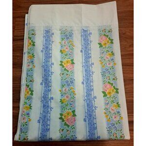 Vintage Flat Twin Sheet Eyelet Lace Trim Blue Floral Pink Roses Farmhouse